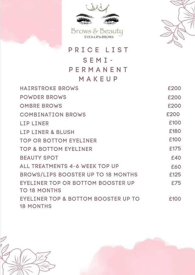 brows and beauty price list
