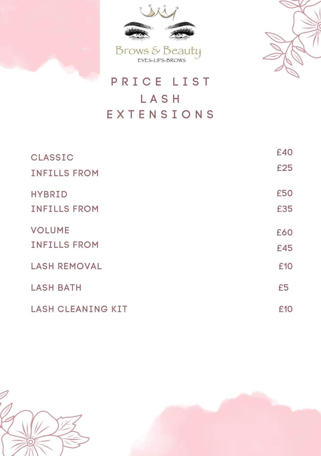 brows and beauty price list