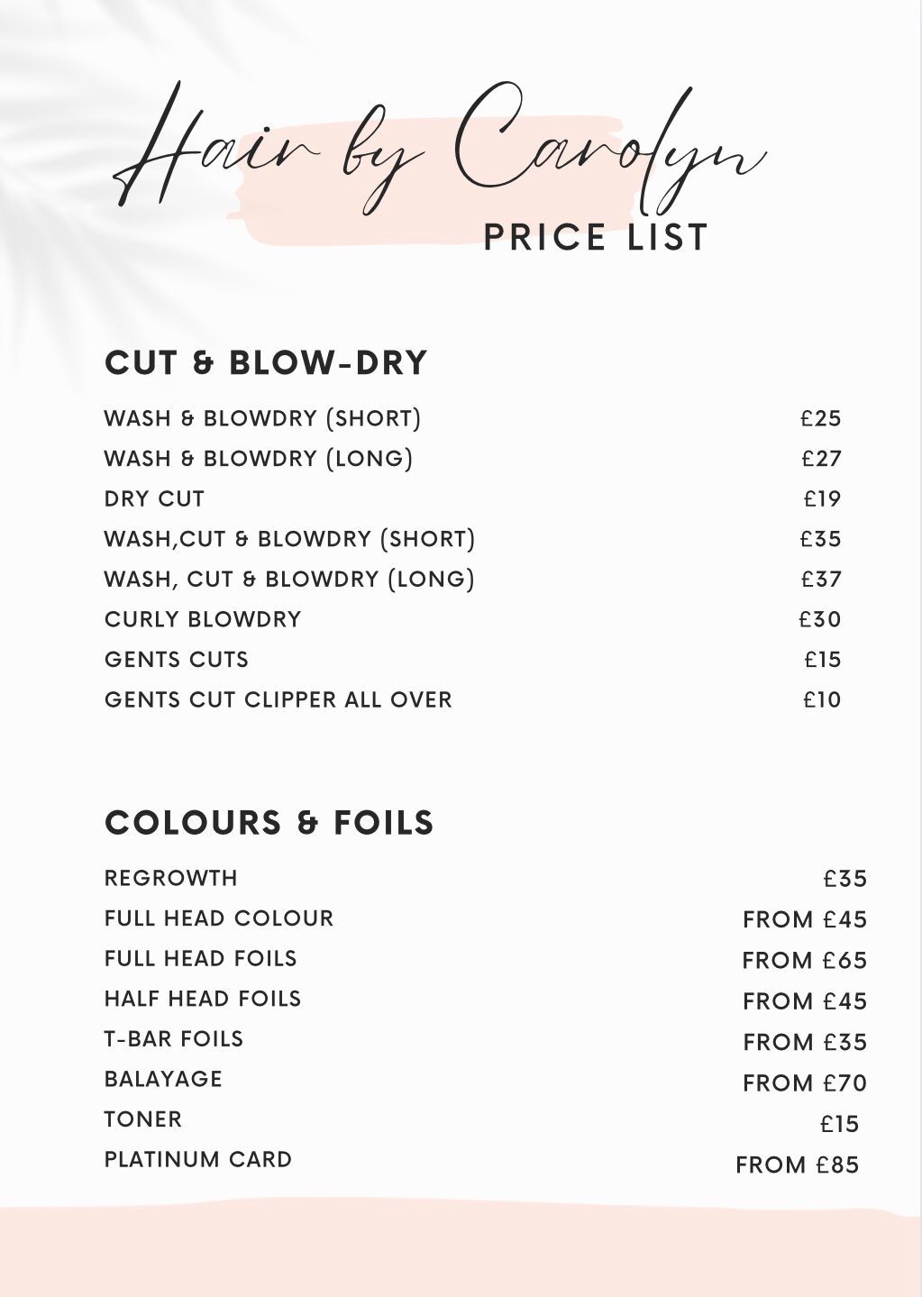hair by carolyn price list